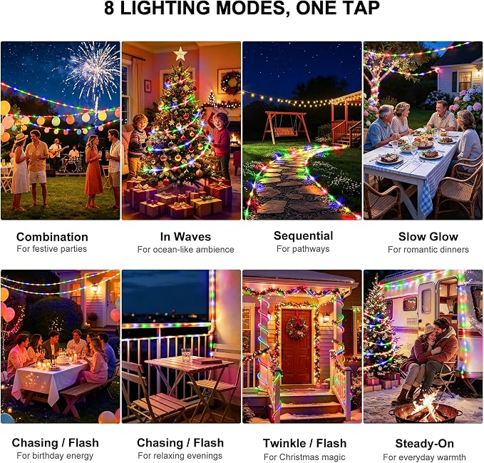 Solar Rope Lights Outdoor Waterproof, 33FT 100 LED Solar String Lights with 8 Lighting Modes,Trampoline Lights, Solar Patio Light for Garden Fence Backyard Deck Porch Pool Tree Christmas Decor