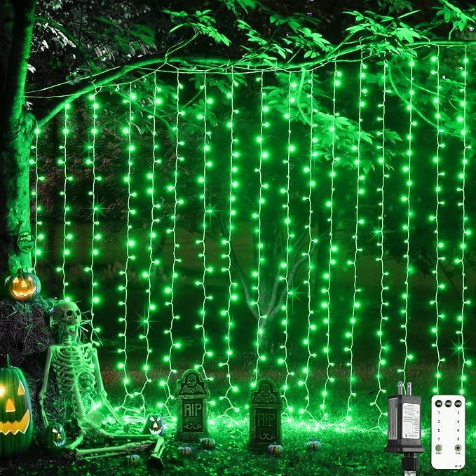 JMEXSUSS 300LED Halloween Hanging Curtain Lights With Remote, 9.8x9.8ft Indoor Plug-in, Green Christmas String Lights for Bedroom Wall Window Backdrop Outdoor Xmas Decor
