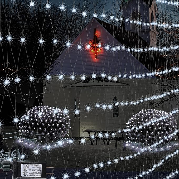 Cool White Net Lights, 360 LED Outdoor Christmas Net String Lights, 21 ft x 5 ft Large Net Mesh String Lights, 8 Modes Twinkle Lights Connectable Plug in for Bushes Christmas Yard Garden Party Decor
