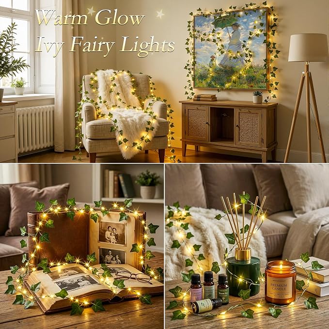 66FT Ivy Vines with Fairy Lights, IP44 Waterproof 200LED String Lights with 8 Modes & Timer, Battery Operated Artificial Greenery Garland for Aesthetic Bedroom Wall Decor, Party, Wedding