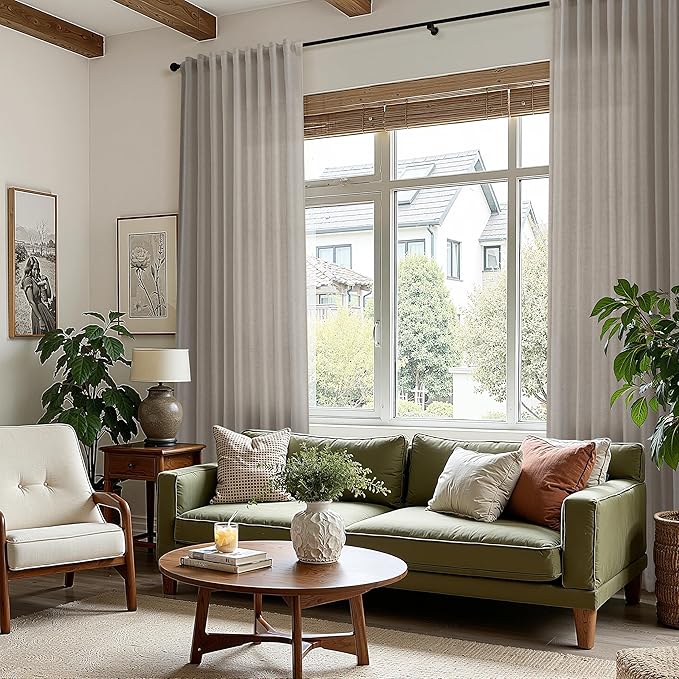 Nanspring Grey Beige Linen Curtains 63 Inch Length ffor Living Room Luxury Light Filtering Semi Sheer Curtain Back Tab Simple Modern Neutral Elegant Boho Gray Drapes for Bedroom 52x63, 2 Panels