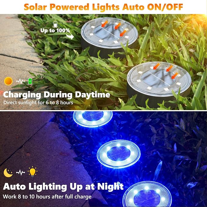 Joomer 12 Pack Solar Ground Lights, 8 LED Solar Lights Outdoor Waterproof IP68 Solar Disc Lights Landscape Lighting Garden Lights for Patio Pathway Lawn Yard Driveway Walkway(Blue)