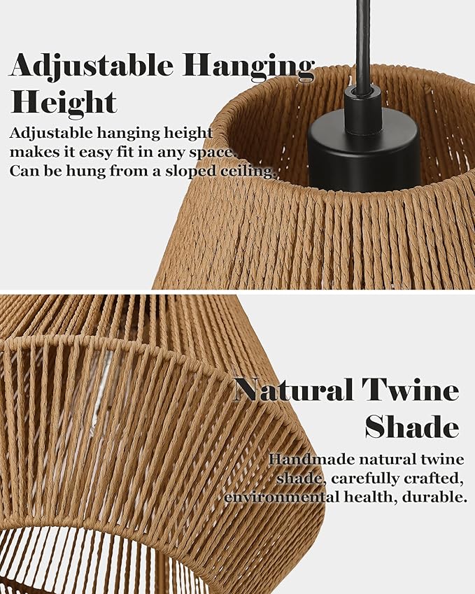 ELYONA Woven Pendant Light, 17” Modern Boho Chandelier Handwoven Rattan Basket Shade, Rustic Pendant Light Fixtures Farmhouse Ceiling Hanging Lamp for Dining Room, Kitchen Bedroom, Entryway, Foyer