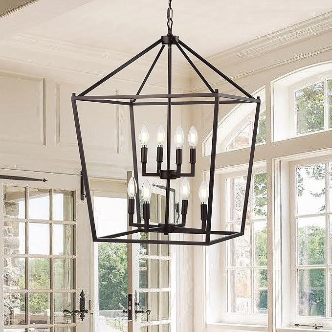 JONATHAN Y 20" Oil Rubbed Bronze Lantern Pendant Light, 8-Light Pagoda Style Metal Cage Farmhouse Hanging Ceiling Fixture for Kitchen Island, LED Bulb Included (JYL7438A)