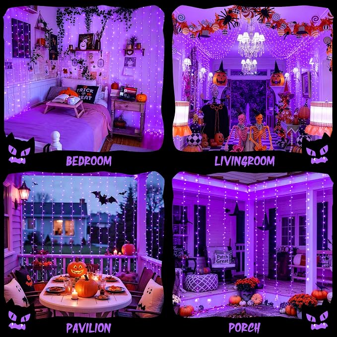 JMEXSUSS 200 LED Purple Halloween Lights, 6.5ft x 6.5ft Halloween Curtain Lights with Remote, 8 Modes USB Purple Curtain String Lights for Bedroom Party Halloween Decorations
