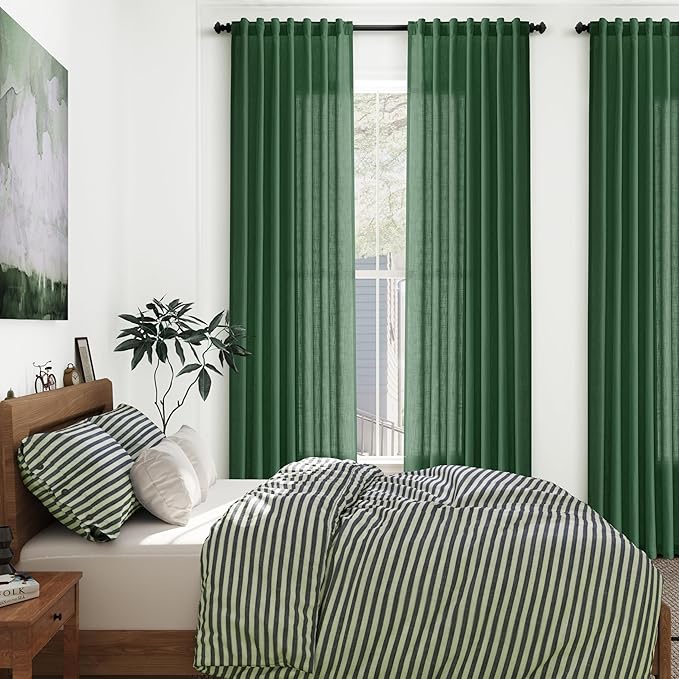 Nanspring Green Linen Curtains 63 Inches Length 2 Panels Set for Living Room Back Tab Pocket Modern Light Filtering Semi Sheer Drapes Cotton Linen Textured Green Window Curtain 52X63 Inches
