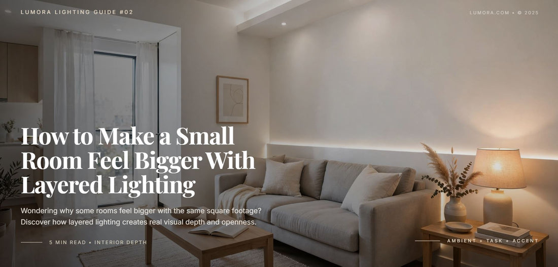 Small living room with a gray sofa, a warm table lamp, and indirect wall lighting, illustrating layered lighting.