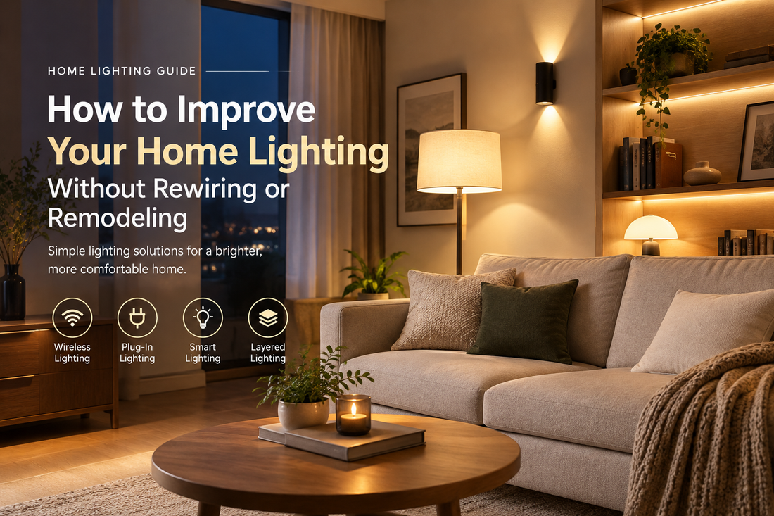Home lighting guide showing a cozy living room with a floor lamp, wall sconce, table lamp, and illuminated shelves.