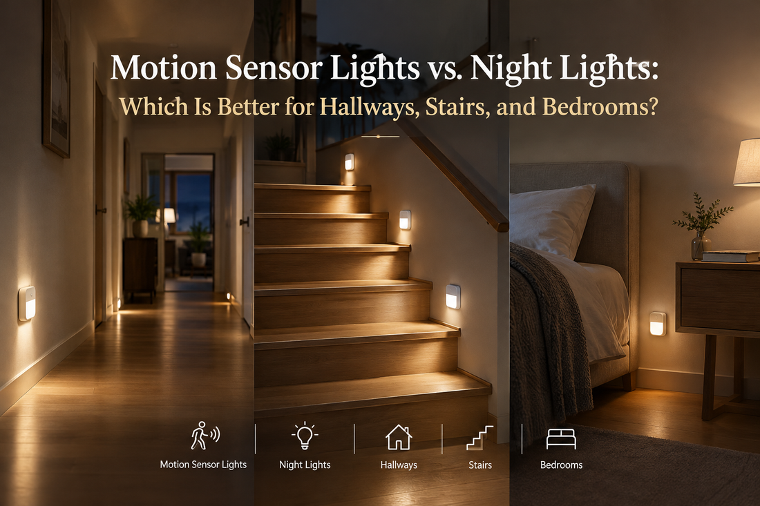 Motion sensor lights vs. night lights guide showing warm lighting in a hallway, on stairs, and beside a bed.