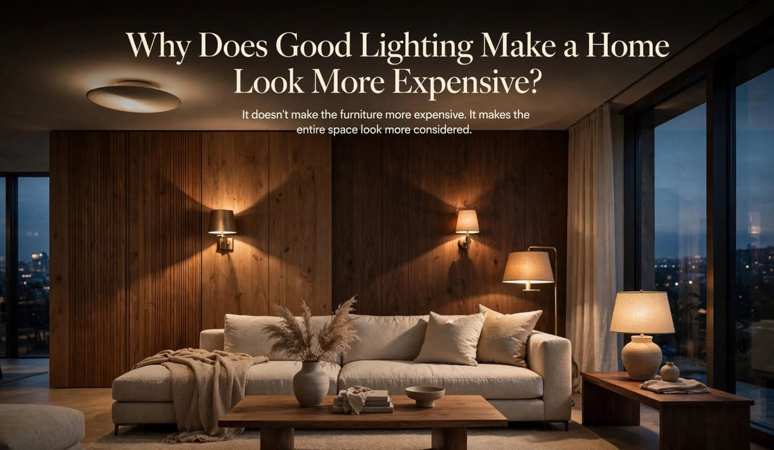 Layered living room lighting with warm ceiling light, floor lamp, and accent lighting creating an expensive-looking home interior