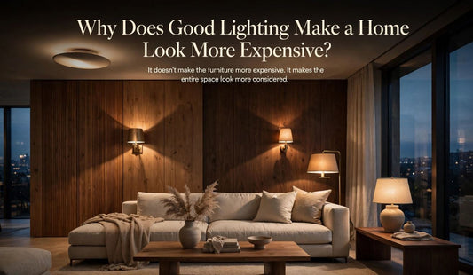 Layered living room lighting with warm ceiling light, floor lamp, and accent lighting creating an expensive-looking home interior