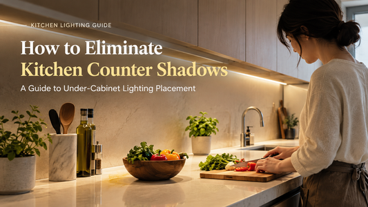 Woman preparing vegetables on a kitchen counter illuminated by warm under-cabinet lighting.