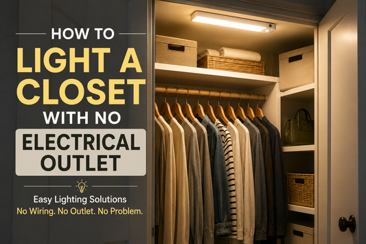 Battery operated closet light brightening a dark closet without electrical wiring