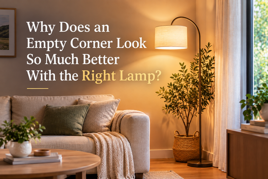 Modern floor lamp illuminating an empty living room corner