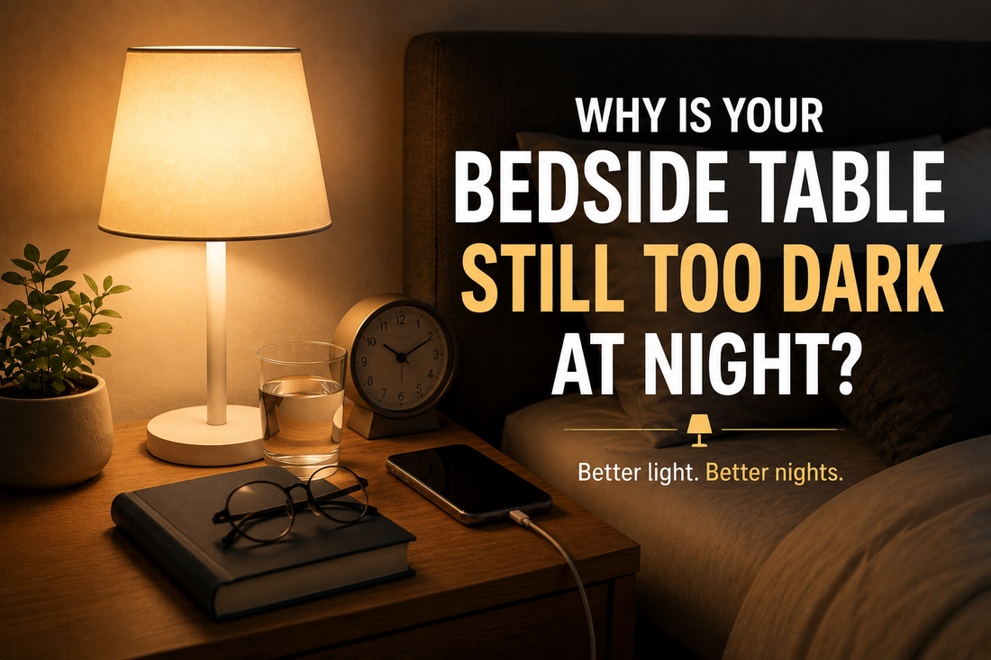 Cozy bedroom with a glowing bedside lamp illuminating a nightstand at night