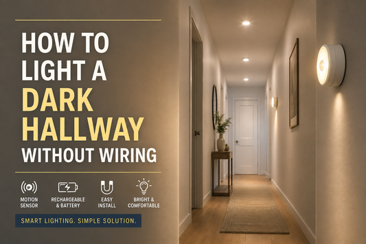 Wireless rechargeable light installed in a dark hallway for ambient illumination