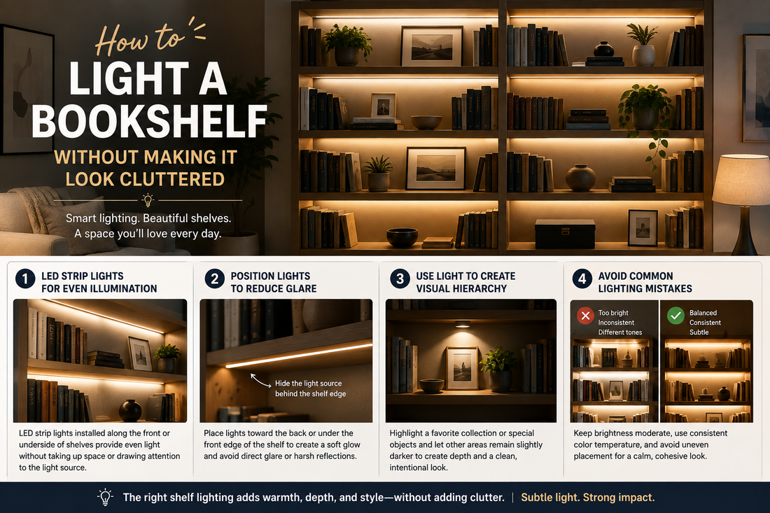 Softly lit bookshelf with warm LED strip lights highlighting books and decorative objects without clutter