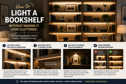 Softly lit bookshelf with warm LED strip lights highlighting books and decorative objects without clutter