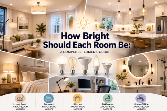 Room lighting guide showing recommended lumens for living room, bedroom, kitchen, and bathroom