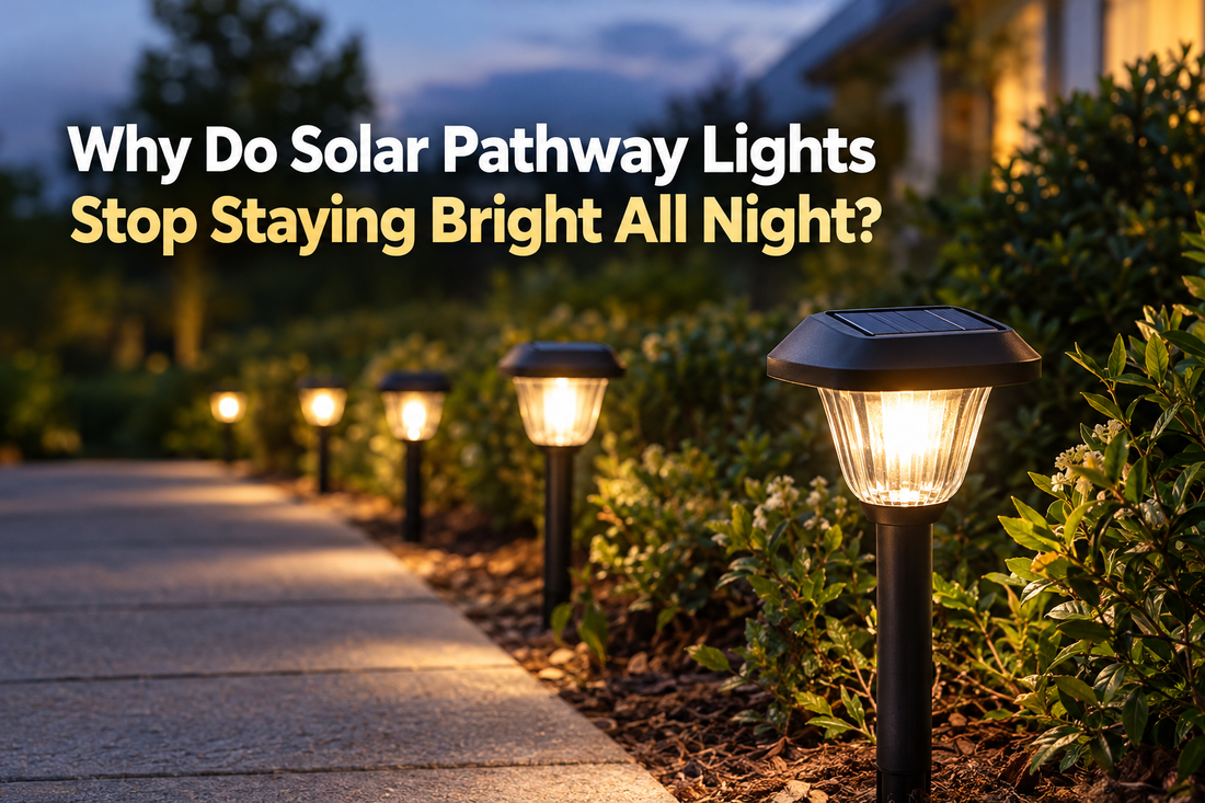 Solar pathway lights illuminating a garden walkway at dusk, with a headline about lights losing brightness overnight.