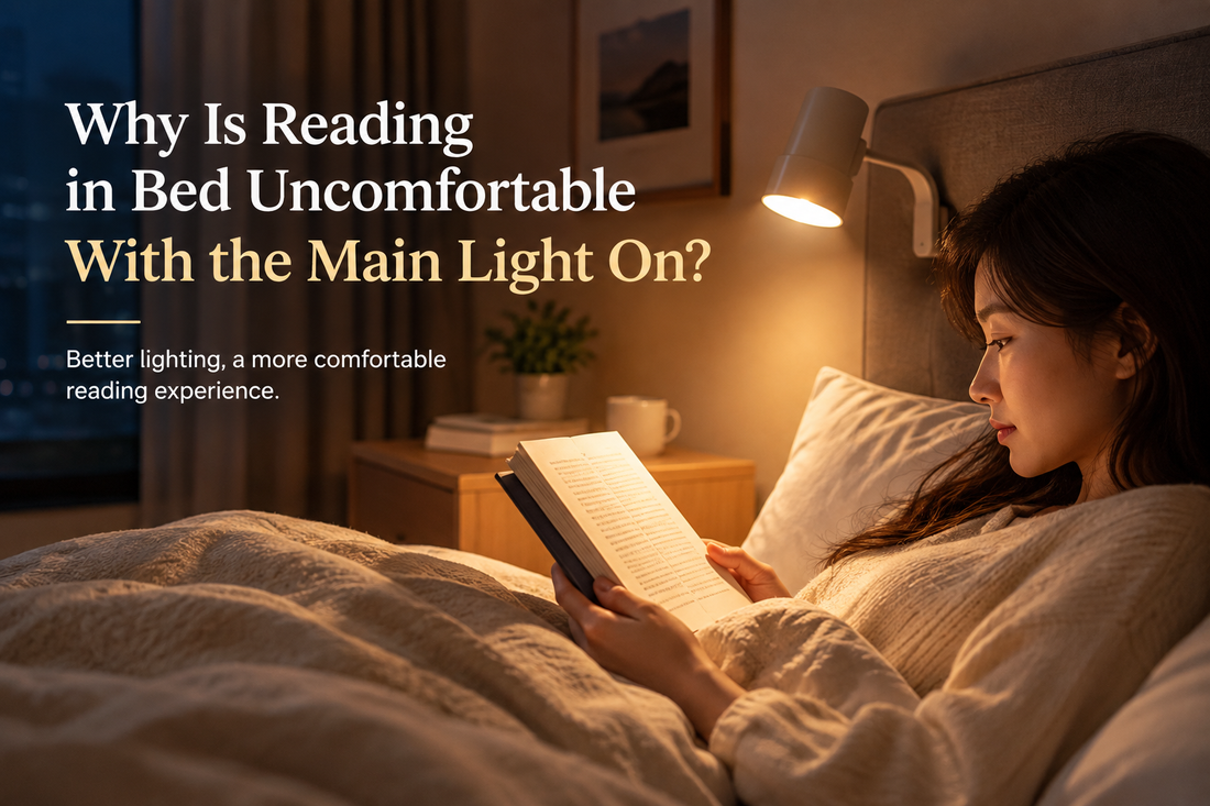 Woman reading in bed under a warm bedside lamp, with a headline about discomfort from overhead lighting.