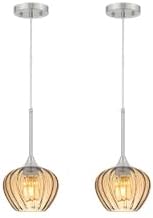 2Pack Nickel Amebr Glass Pendant Light