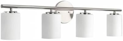 Progress Lighting Replay Collection 4 Light Bathroom Vanity Light, Modern Bath Lighting Fixture with Etched White Glass Shades for Over The Mirror, Reversible Mounting, Polished Nickel