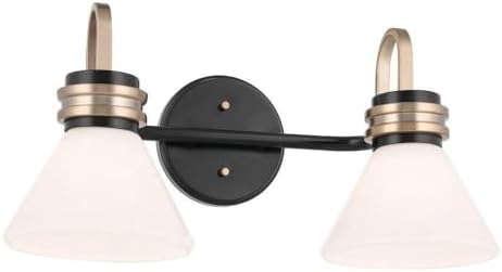 Kichler Farum 2-Light Bathroom Vanity Light Fixture with Opal Glass in Black with Champagne Bronze Accents, Modern Damp Rated for Over Mirror (19.25" x 9.5" x 9.5"), 55154BK