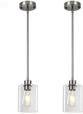 2 Pack Brushed Nickel Pendant Lights Kitchen Island, Modern Glass Pendant Lighting Over Island Kitchen Hanging Dining Room Light Fixtures Hallway Ceiling Light Pendant Lights for Bathroom Hallway