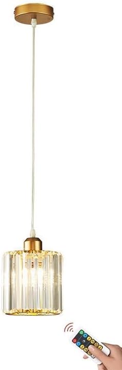 1 Pack Glass Pendant Light Battery Operated with Remote, Rechargeable Wireless Hanging Light Gold, Battery Powered Pendant Lamp Small Crystal Glass Chandelier for Kitchen Dining Table Bedroom