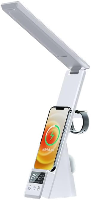 IHAO 6in1 Multifunctional Foldable LED Table Lamp with Wireless Charger Digital Alarm Clock Eye-Care Lighting 3 Color Modes 15W Qi Charger for Phone/Headphones, iWatch Charger Compatible-N61 White