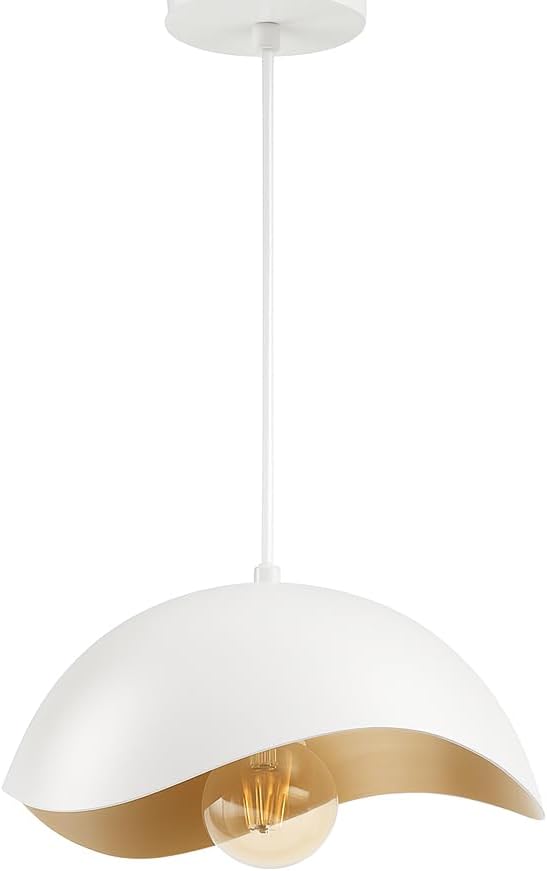 Modern Wave Pendant Light, 11" White and Gold Dome Shade, LED Ceiling Light Fixture with Globe Bulb, Contemporary Hanging Light for Kitchen, Dining Room, Bedroom