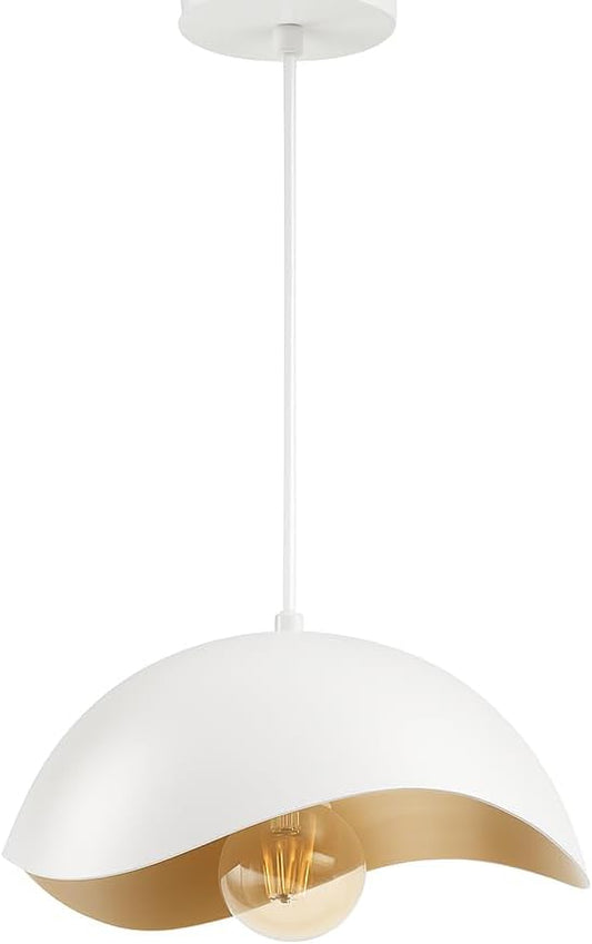 Modern Wave Pendant Light, 11" White and Gold Dome Shade, LED Ceiling Light Fixture with Globe Bulb, Contemporary Hanging Light for Kitchen, Dining Room, Bedroom