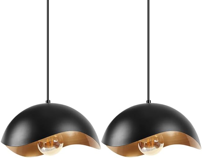 Modern Wave Pendant Light, 11" Black and Gold Dome Shade, LED Ceiling Light Fixture with Globe Bulb, Contemporary Hanging Light for Kitchen, Dining Room, Bedroom (2 Pack)