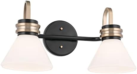 Kichler Farum 2-Light Bathroom Vanity Light Fixture with Opal Glass in Black with Champagne Bronze Accents, Modern Damp Rated for Over Mirror (19.25" x 9.5" x 9.5"), 55154BK