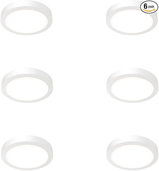 Juno Slim Basics 6 Inch LED Ceiling Light, Low Profile Surface Mount Downlight for Shower or Closet Lighting, 3000K/4000K/5000K Selectable White Light, Edged Trim, Wet Rated, Matte White, 6 Pack