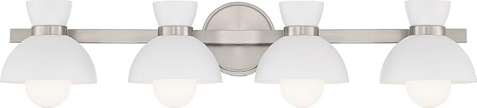 Meridian M80076BN White Metal Bathroom Vanity Wall Light, 4-Light 240 Total Watts, 6" H x 34" W, Brushed Nickel