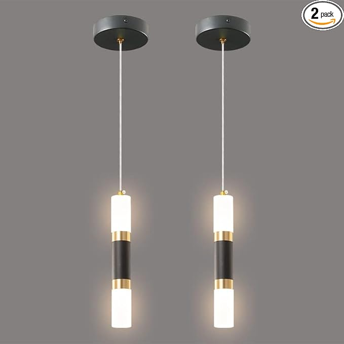 Modern Kitchen Island Light Fixture Dimmable LED Black Mini Pendant Light Bedroom Bedside Table Black Gold Small Pendant Lighting (2-Pack)