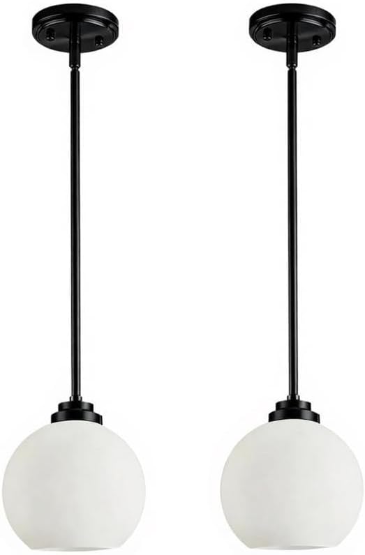 Majade Globe Pendant Lights Kitchen Island Pendant Light Fixtures 7.4 Inch Black Mid Century Modern Globe Pendant Lighting with Milk Glass Adjustable Hanging Light Fixtures for Dining Room(2 Pack)