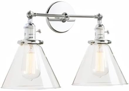 PERMO Double Sconce Chrome Industrial 2-Lights Wall Sconces with Funnel Flared Glass Clear Glass Shade Vanity Light for Bedroom (Chrome)