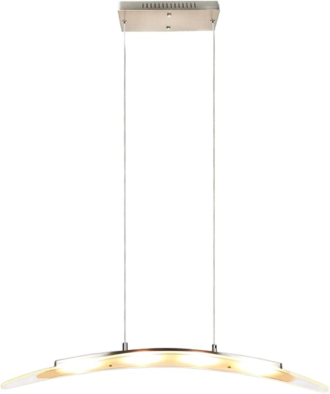 YIFONTIN LED Pendant Light Chandelier Streamlined Cambered Glass Hanging Lamp 31.5“ 18W Warm Colored Height Adjustable for Kitchen Island Dining Study Room Restaurant Housewarming, Satin Nickel.