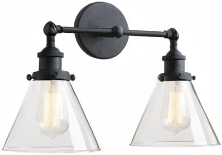 PERMO Industrial Double Sconce 2-Lights Wall Sconces with Dual Funnel Clear Glass Shade Wall Sconce for Mirror Hallway Bedroom, Hardwired, E26 Base (Black)