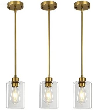 3 Pack Brushed Gold Pendant Lights Kitchen Island, Modern Glass Pendant Lighting Over Island Kitchen Hanging Dining Room Light Fixtures Hallway Ceiling Light Pendant Lights for Bathroom Foyer