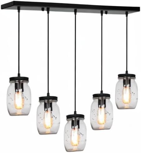 Glass Mason Jar Light Fixtures, 5-Light Adjustable Height Pendant Ceiling Lights Flush Mount - Black Country Farmhouse Lights for Kitchen Dining Room Foyer Stairway Hallway Entryway Porch
