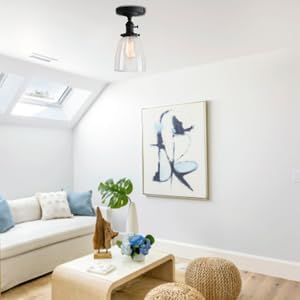 PERMO Industrial Semi Flush Mount Ceiling Light Vintage Ceiling Lights Black Hallway Fixtures with Glass Lampshade Kitchen entryway Light