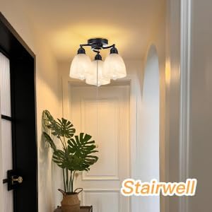 3-Light Flush Mount Ceiling Light with Pull Chain, Modern Black Lighting Fixtures with Alabaster Glass for Kitchen Island Dining Room Bedroom Farmhouse Foyer Hallway