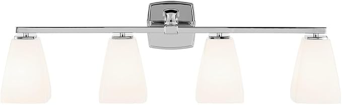 Kichler Marant 4-Light Bathroom Vanity Light Fixture with Opal Glass, Modern Chrome Wall Mount Over Mirror for Powder Room (33.25 in x 9.5 in x 6.75 in), 55217CH