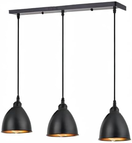 TERLEENART 3-Lights Kitchen Island Pendant Light,Industrial Farmhouse Hanging Chandelier with Matt Black Metal Bell Shade Build-in Golden Color, for Dining Room Table Staircase Hallway