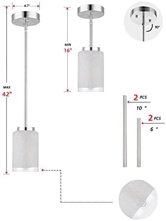 3 Pack Brushed Nickel Pendant Lights, Indoor Kitchen Island Hanging Light Fixtures Adjustable Modern Lamps, Mini Pendant Lights with Linen Frosted Glass Shade for House Living Room Hallway