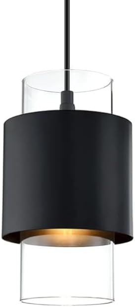 1 Light Hanging Indoor Kitchen Island Pendant Light 6" Drum Glass Shade Pendant Ceiling Light Fixtures Modern Farmhouse Dinning Over Sink (Black Finish, 2 Pack)